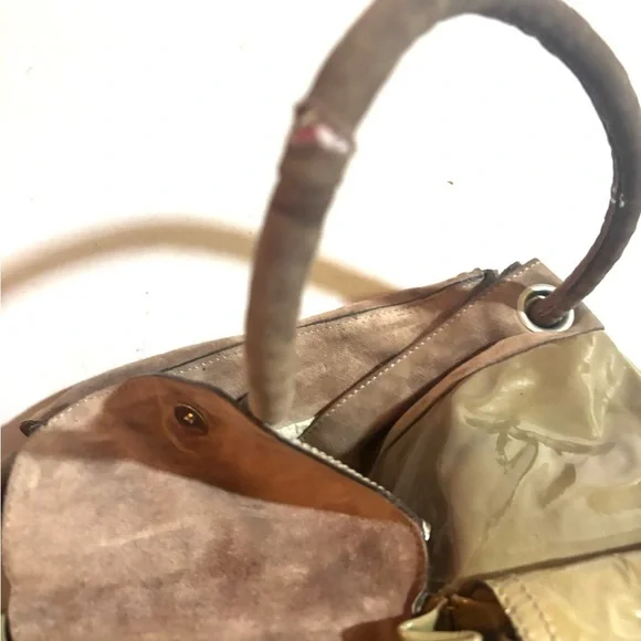 Brunello Cucinelli convertible taupe patent & suede backpack